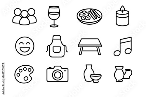 Creative Night Icons. Outline icon set of group creative night: friends icon, wine glass, snacks plate, candle