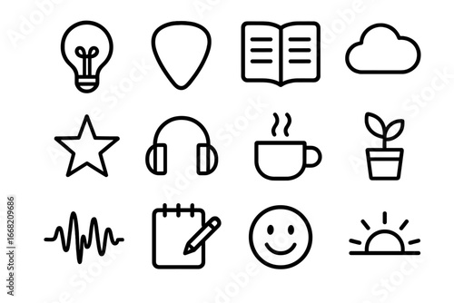 Creative Inspiration Icons. Outline icon set of creative inspiration in recording: lightbulb, guitar pick,