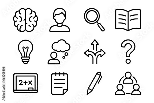 Critical Thinking Icons. Outline icon set of critical thinking: brain, student, magnifying glass, book, idea