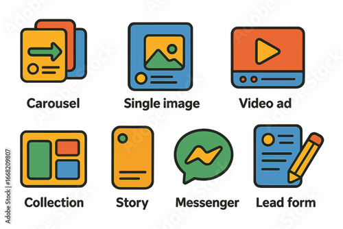 Ad Formats Overview. Flat vector mini-illustrations Ad formats overview in colors children's illustrations: