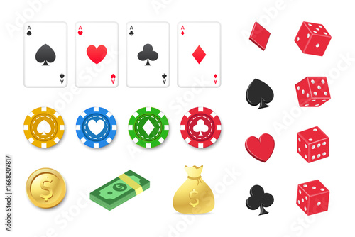 3D Vector Casino Poker Game Set with Realistic Cards, Gold Coins, Dice, Chips and Gambling Items