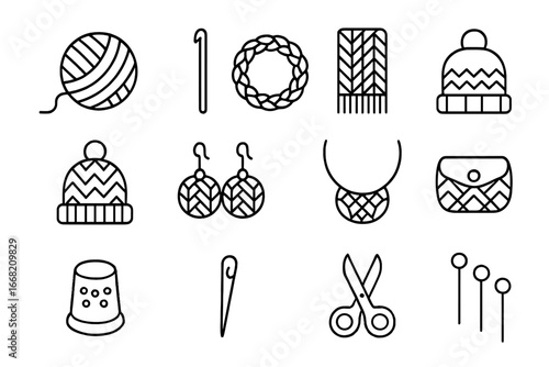 Crochet Accessory Icons. Outline icon set of handmade crochet accessories and tools: yarn ball, crochet hook,