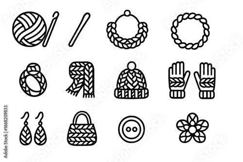 Crochet Fashion Icons. Outline icon set of crocheted fashion items: yarn ball, crochet hook, necklace,