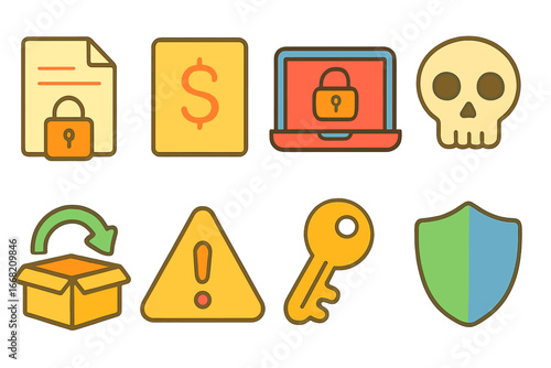 Childlike Cybersecurity Icons. Flat vector mini-illustrations Ransomware attacks in colors children's