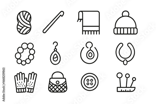Crocheting Accessories Icons. Outline icon set of crocheting trendy accessories: yarn skein, crochet hook,