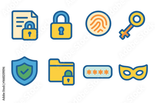 Children's Data Security Icons. Flat vector mini-illustrations Data privacy protection in colors children's