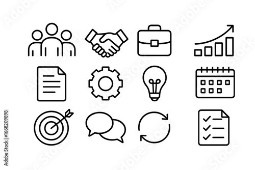 Cross-Department Collaboration Icons. Outline icon set of cross-department collaboration: group, handshake,