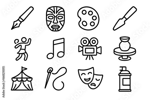 Cultural Art Icons. Outline icon set of cultural art integration: calligraphy pen, tribal mask, paint palette,