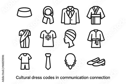 Cultural Dress Icons. Outline icon set of cultural dress codes in communication: traditional hat, scarf,