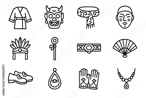 Cultural Costume Icons. Outline icon set of ritual and festival costumes: traditional robes, ceremonial masks,