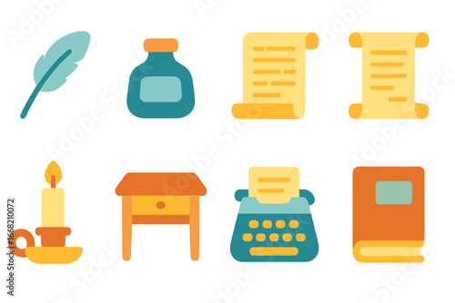 Literary Icons for Kids. Flat vector mini-illustrations Literary symbols in colors children's illustrations: