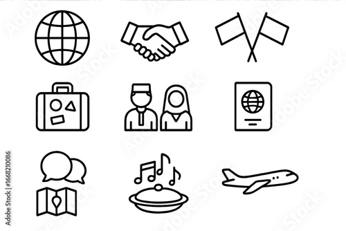 Cultural Exchange Icons. Outline icon set of cultural exchange: globe, handshake, flags, suitcase, traditional