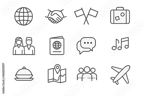 Cultural Exchange Icons. Outline icon set of cultural exchange: globe, handshake, flags, suitcase, traditional
