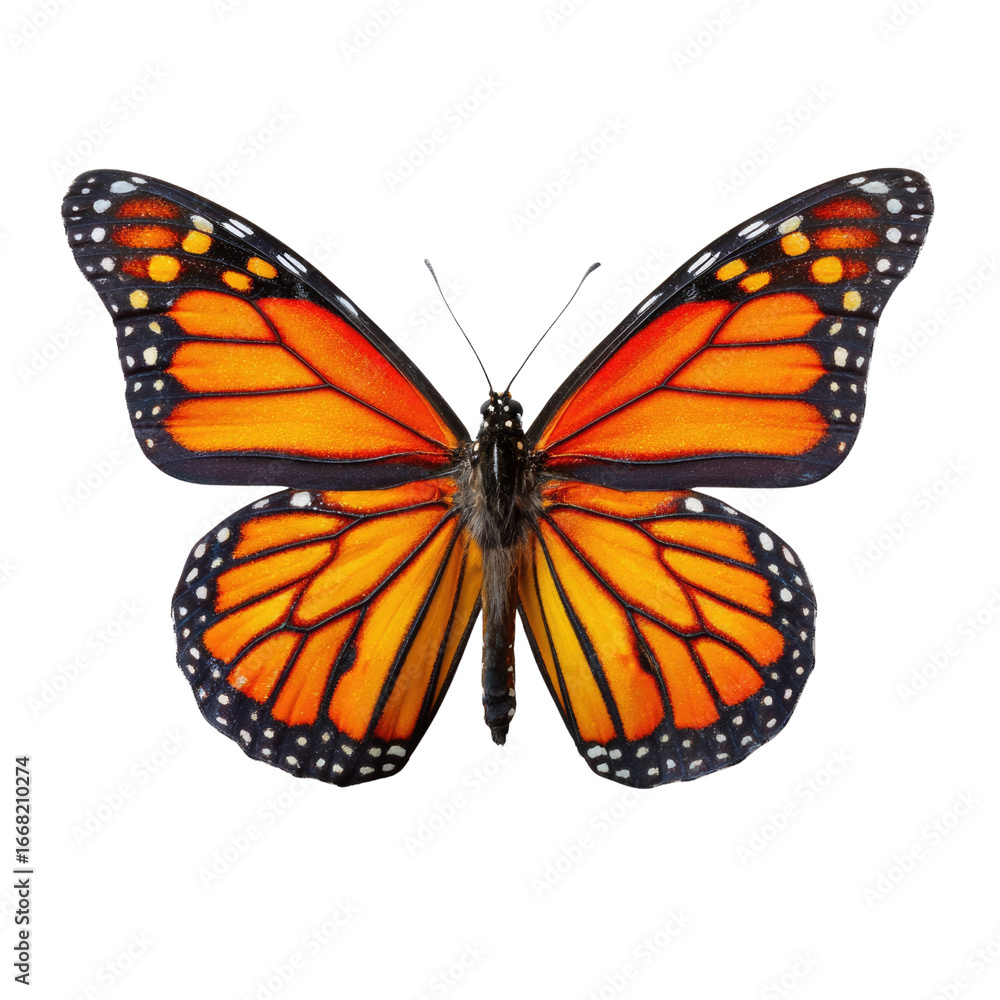 Fototapeta premium A vibrant monarch butterfly with orange wings, black veins, and white spots, isolated on a transparent background. background removed