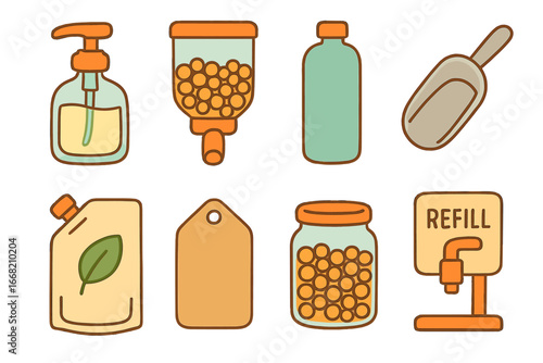 Eco Refill Icons. Flat vector mini-illustrations refill stations in colors children's illustrations: glass