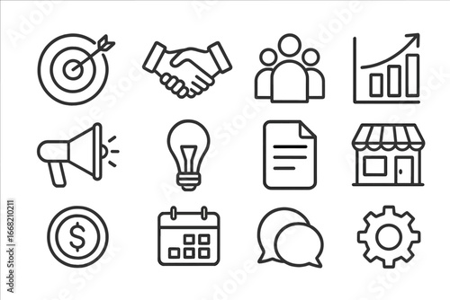 Customer Acquisition Icons. Outline icon set of customer acquisition: target, handshake, group, chart,