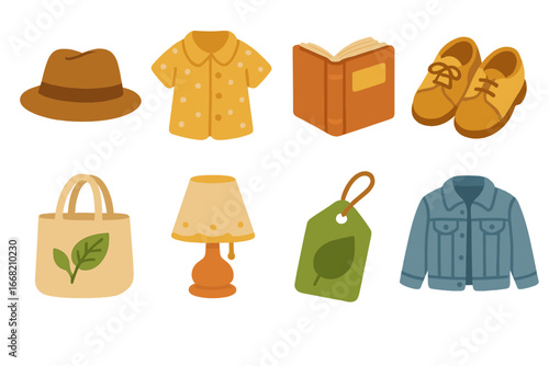Thrift Shop Treasures. Flat vector mini-illustrations second-hand and thrift shopping in colors children's