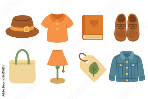 Thrift Shop Treasures. Flat vector mini-illustrations second-hand and thrift shopping in colors children's