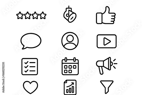 Customer Review Icons. Outline icon set of customer review highlights: star rating, spotlight, thumbs up, chat
