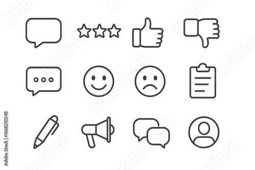 Customer Feedback Icons. Outline icon set of customer feedback: speech bubble, star rating, thumbs up, thumbs