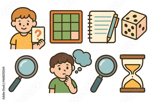 Kids' Riddle Challenge. Flat vector mini-illustrations kids solving riddles in colors children's illustrations
