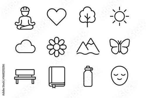 Cycling & Mindfulness Icons. Outline icon set of cycling and mindfulness: meditating cyclist, heart symbol,