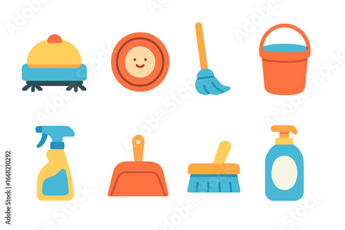 Colorful Cleaning Robots Grid. Flat vector mini-illustrations cleaning robots in colors children's