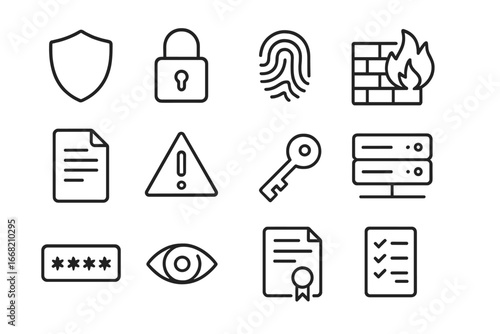 Cybersecurity Icon Set. Outline icon set of cybersecurity policies: shield, padlock, fingerprint, firewall,