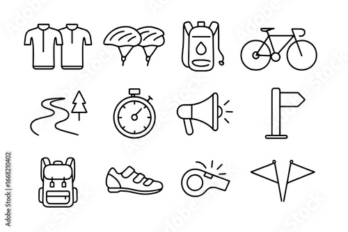 Cycling Gear Icons. Outline icon set of group cycling: team jerseys, helmets, hydration pack, road bikes,