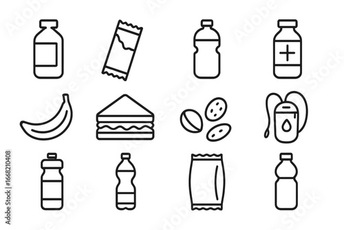 Cycling Nutrition Icons. Outline icon set of cycling nutrition: energy gel, energy bar, water bottle,