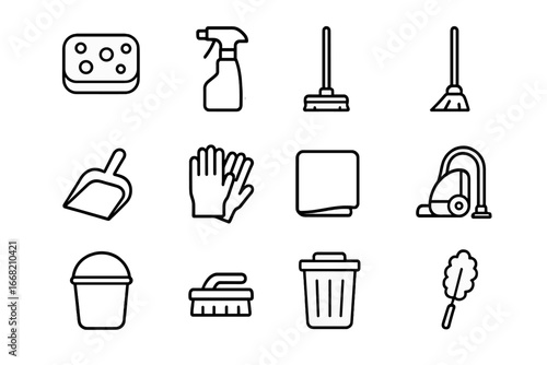 Daily Cleaning Icons. Outline icon set of quick daily cleaning: sponge, spray bottle, mop, broom, dustpan,