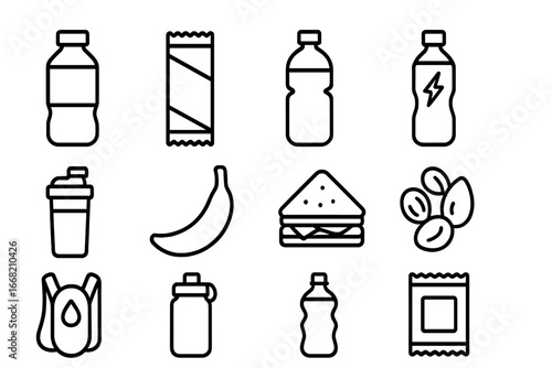 Cycling Nutrition Icons. Outline icon set of cycling nutrition: energy gel, energy bar, water bottle,