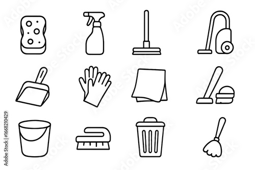 Daily Cleaning Icons. Outline icon set of quick daily cleaning: sponge, spray bottle, mop, broom, dustpan,