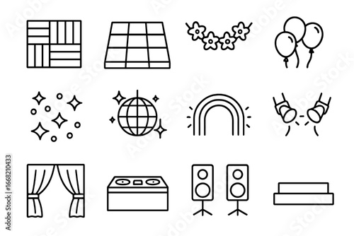 Dance Floor Icons. Outline icon set of dance floor decorations: parquet flooring, light-up floor tiles, floral