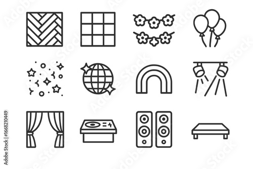 Dance Floor Icons. Outline icon set of dance floor decorations: parquet flooring, light-up floor tiles, floral
