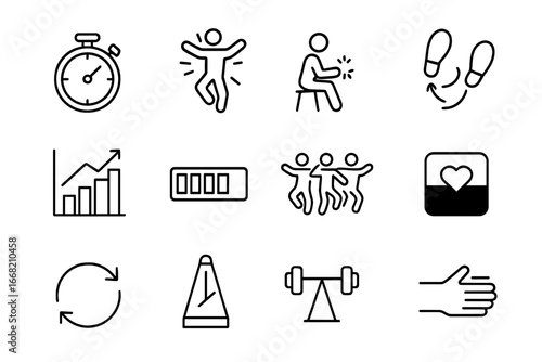 Dance Interval Icon Set. Outline icon set of dance interval training: HIIT clock, burst move, short rest, fast