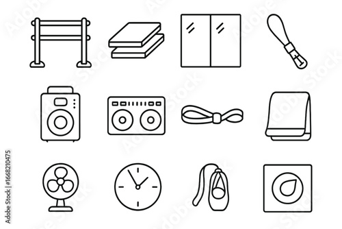 Dance Studio Equipment Icons. Outline icon set of dance studio equipment: wooden barre, floor mats, wall