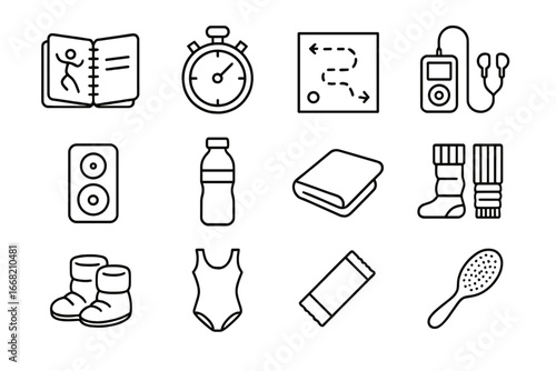 Dance Rehearsal Essentials. Outline icon set of rehearsal essentials: choreographer notebook, stopwatch, floor
