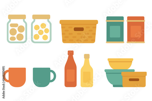 Colorful Kitchen Organization. Flat vector mini-illustrations kitchen shelf decluttering in colors children's