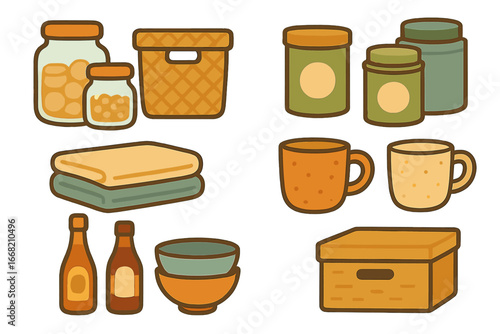 Colorful Kitchen Organization. Flat vector mini-illustrations kitchen shelf decluttering in colors children's