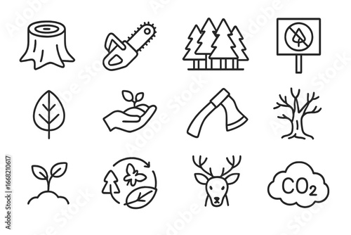 Deforestation Awareness Icons. Outline icon set of deforestation awareness: cut tree stump, chainsaw icon,