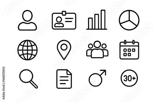 Demographic Research Icons. Outline icon set of demographic research: profile icon, ID card, bar chart, pie