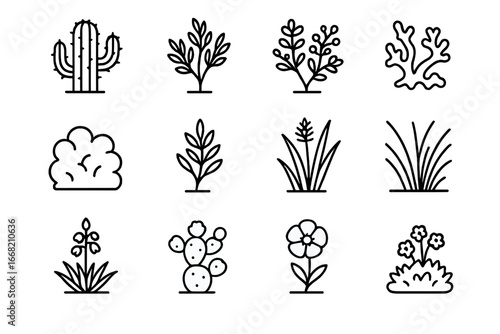 Desert and Arctic Flora Icons. Outline icon set of Desert and arctic plants supporting animals: cactus,