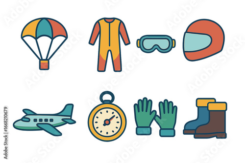 Skydiving Adventure Icons. Flat vector mini-illustrations skydiving experience in colors children's