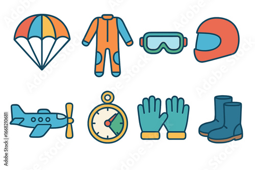 Skydiving Adventure Icons. Flat vector mini-illustrations skydiving experience in colors children's