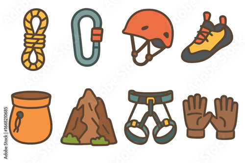 Children's Climbing Icons. Flat vector mini-illustrations rock climbing adventure in colors children's