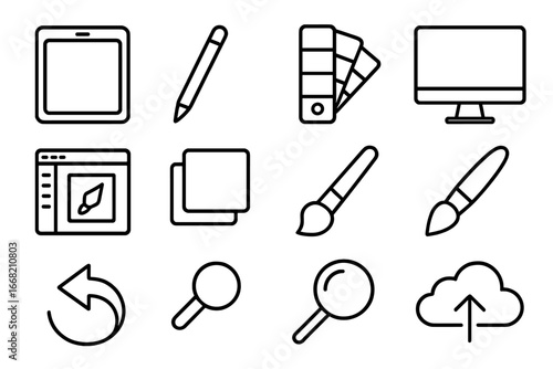 Digital Art Tools Icons. Outline icon set of personalized digital illustrations: tablet, stylus, color palette