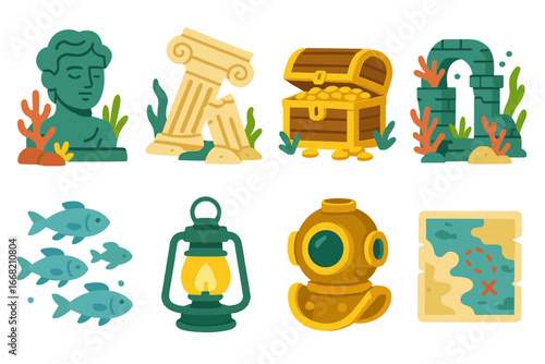 Underwater Adventure Icons. Flat vector mini-illustrations sunken city exploration in colors children's