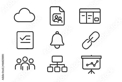 Digital Collaboration Icons. Outline icon set of digital collaboration tools: cloud storage, shared document,
