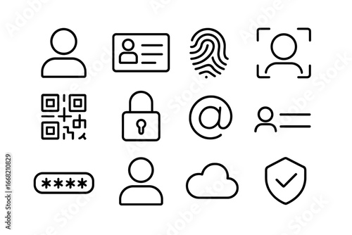 Digital Identity Icons. Outline icon set of digital identity: user profile, ID card, fingerprint, face scan,
